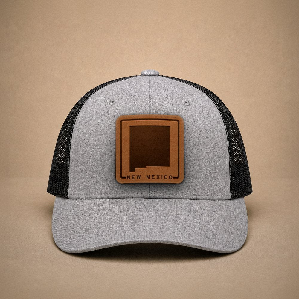 Heather Grey New Mexico hats — New Mexico Outline Leather Patch Trucker Hat
