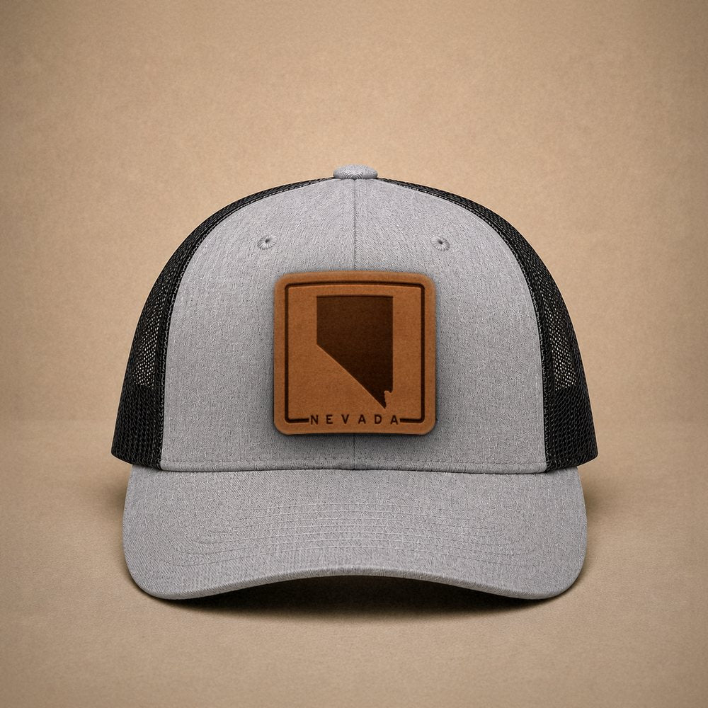 Heather Grey Nevada hats — Nevada Outline Leather Patch Trucker Hat