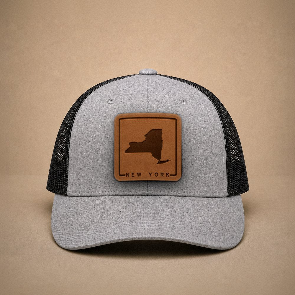 Heather Grey New York hats — New York Outline Leather Patch Trucker Hat
