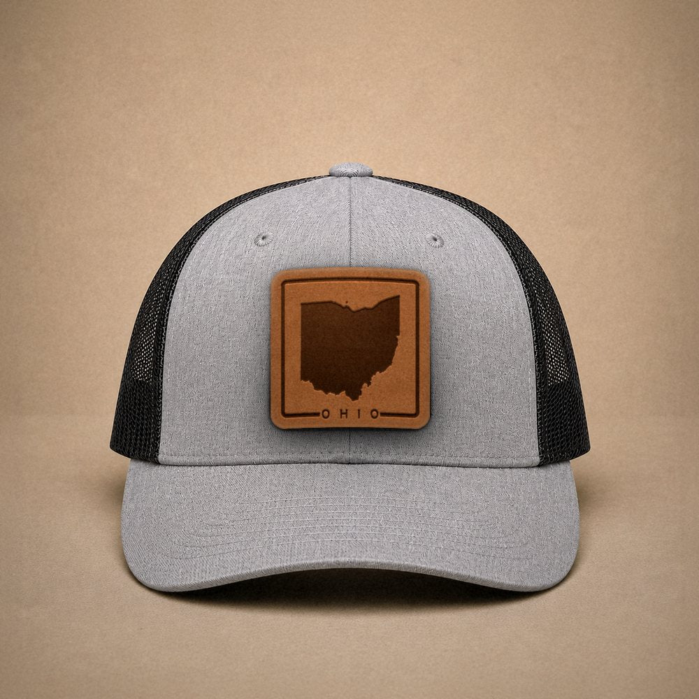 Heather Grey Ohio hats — Ohio Outline Leather Patch Trucker Hat