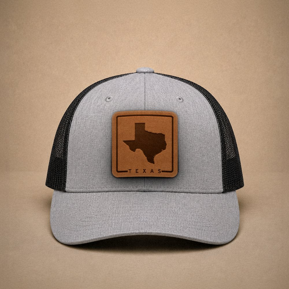 Heather Grey Texas hats — Texas Outline Leather Patch Trucker Hat
