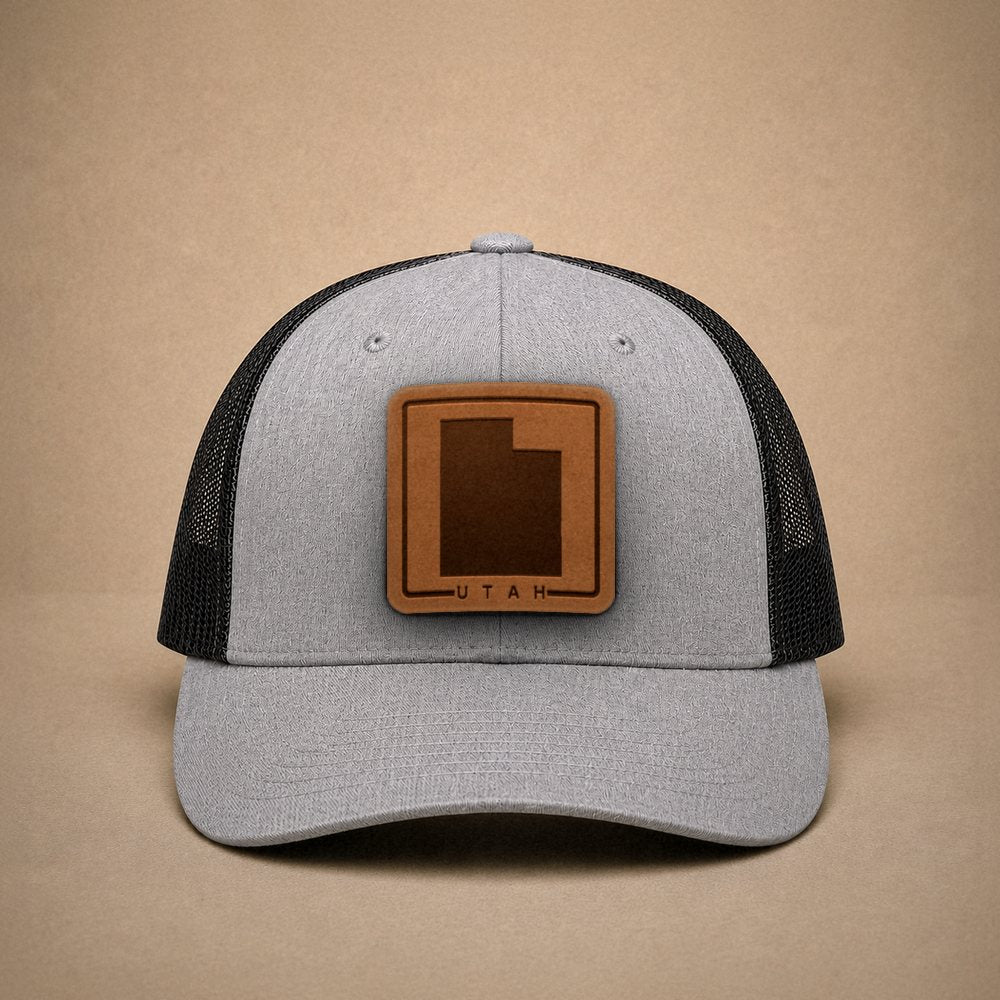 Heather Grey Utah hats — Utah Outline Leather Patch Trucker Hat