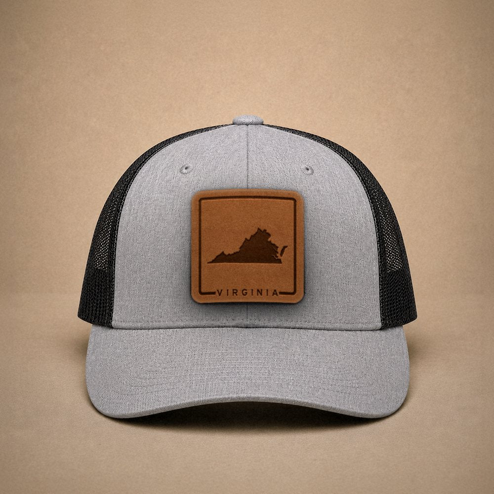 Heather Grey Virginia hats — Virginia Outline Leather Patch Trucker Hat