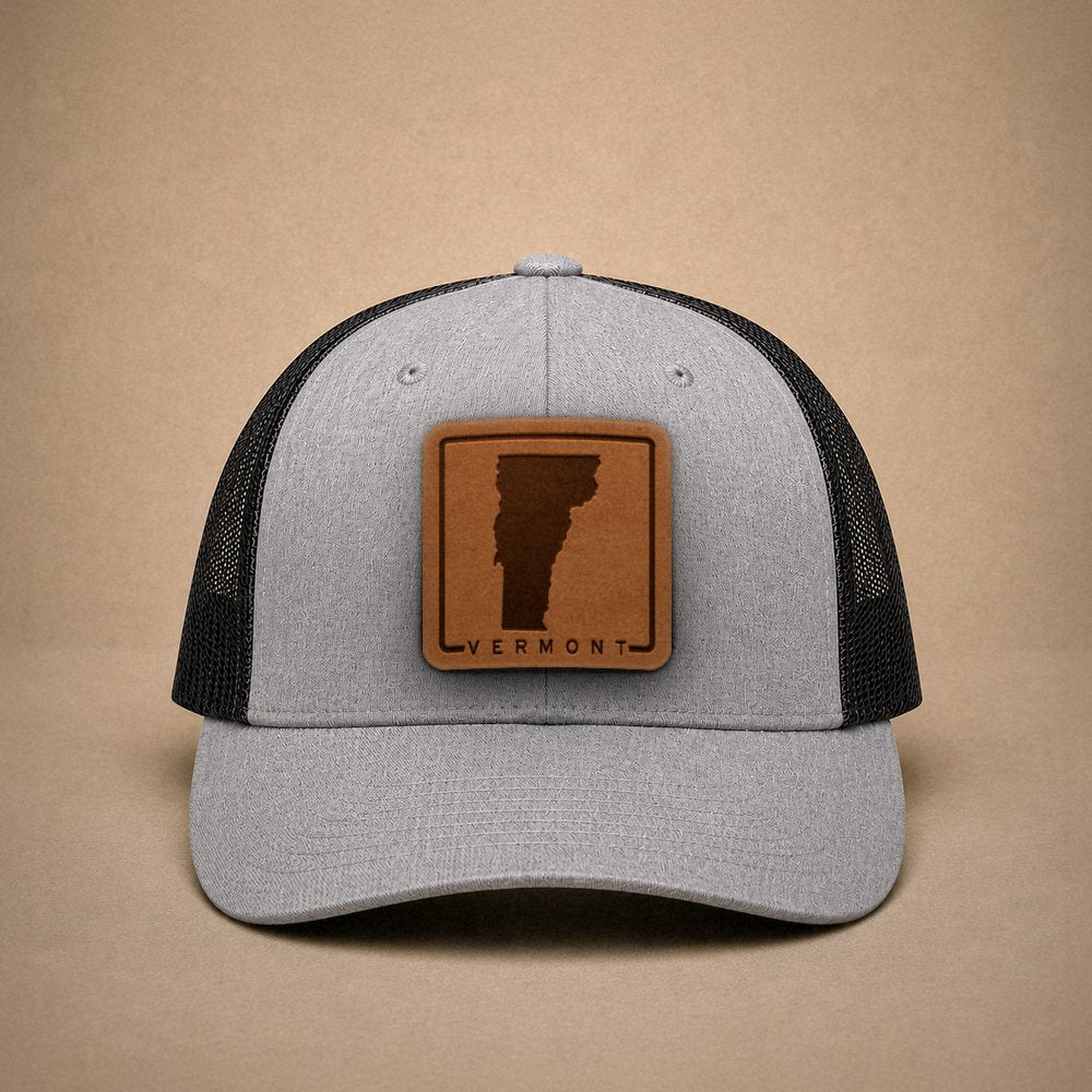 Heather Grey Vermont hats — Vermont Outline Leather Patch Trucker Hat