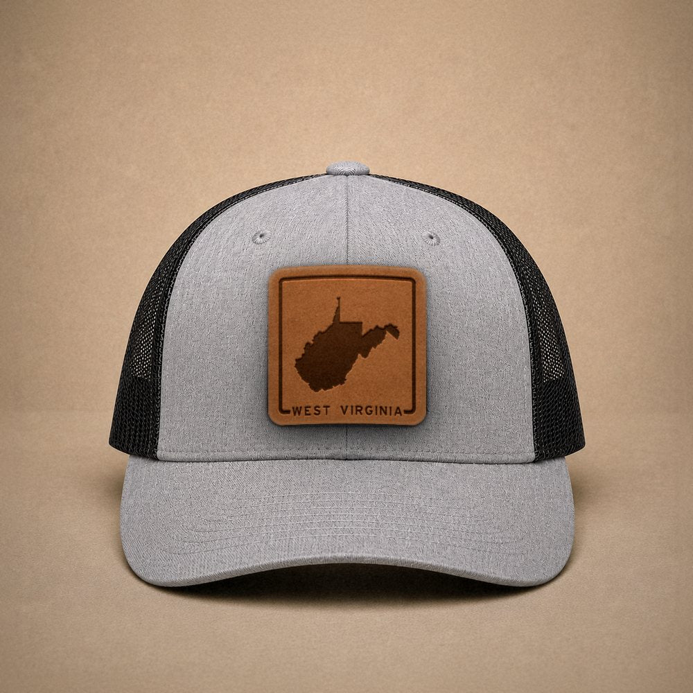 Heather Grey West Virginia hats — West Virginia Outline Leather Patch Trucker Hat