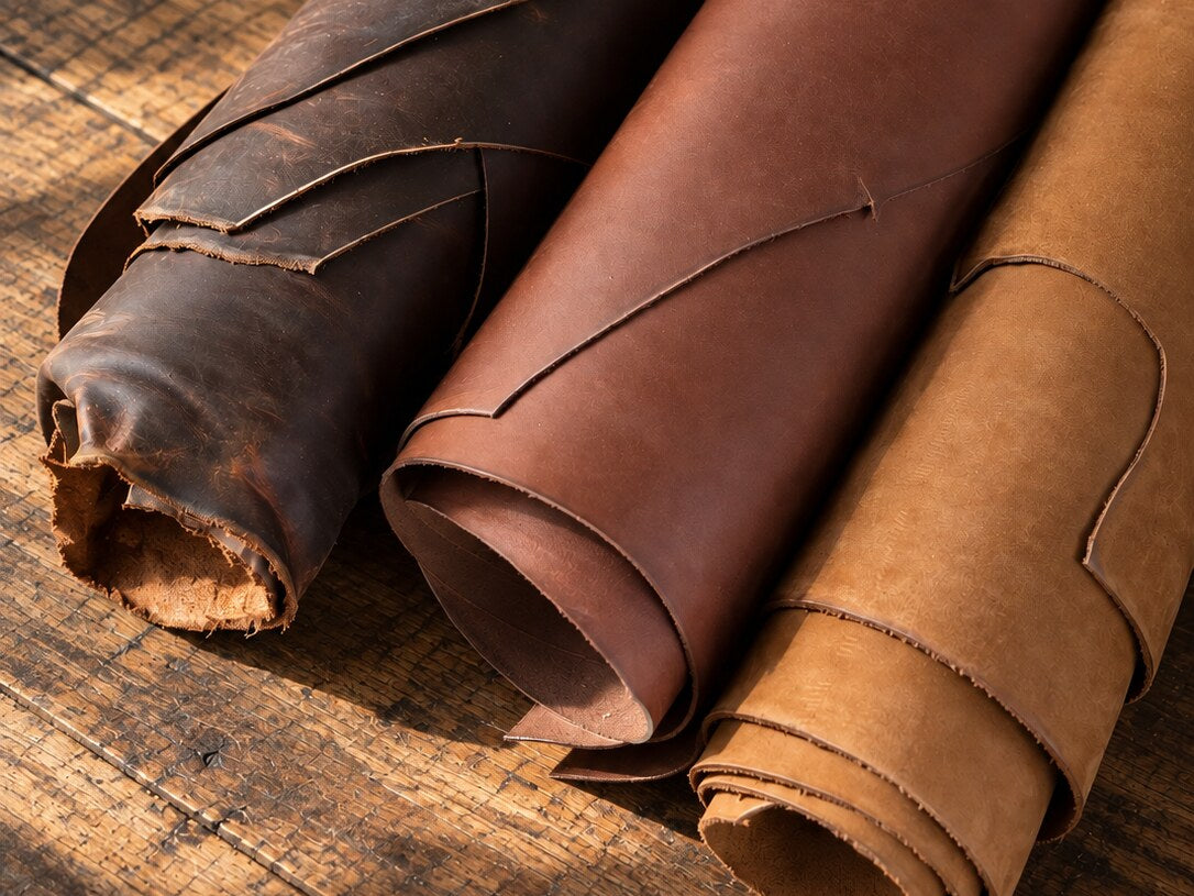 Three rolls of full-grain leather — dark brown, red brown, and brown tan — the leather we use to make our custom leather patches