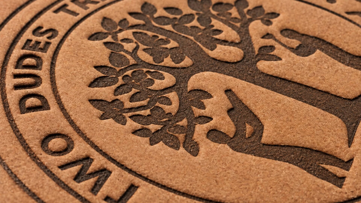 Two Dudes Tree Service logo heat-stamped into a full-grain leather patch