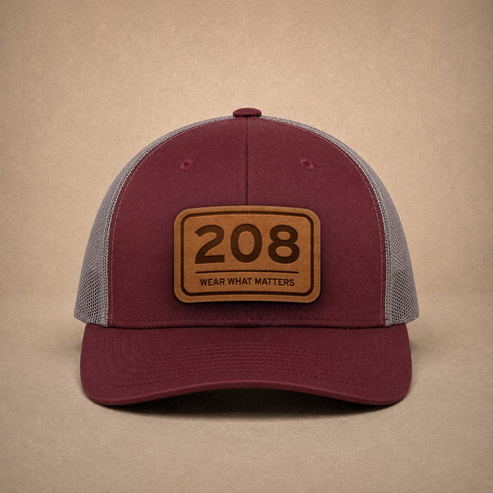 Maroon Idaho hats — Idaho 208 Leather Patch Trucker Hat