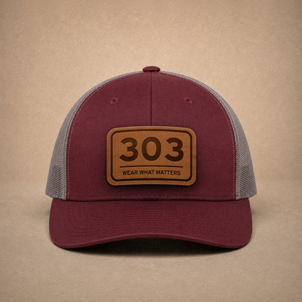 Maroon Denver hats — Denver 303 Leather Patch Trucker Hat