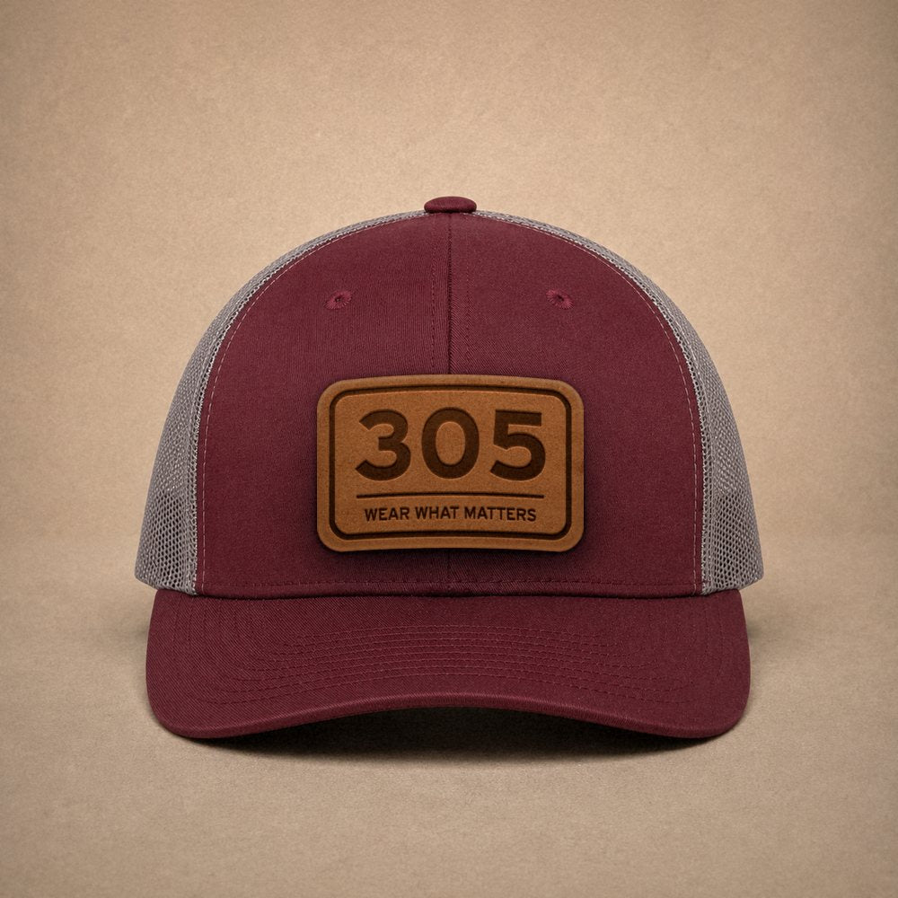 Maroon Miami hats — Miami 305 Leather Patch Trucker Hat