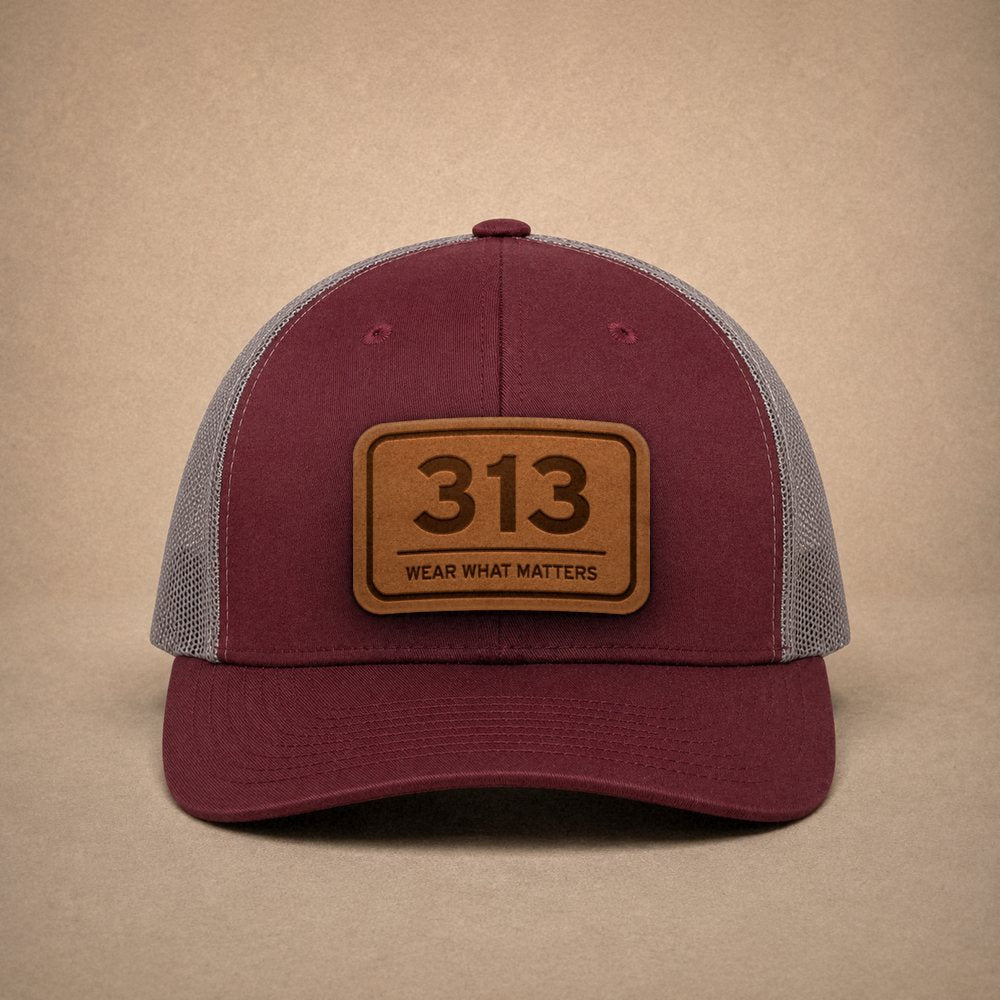 Maroon Detroit hats — Detroit 313 Leather Patch Trucker Hat