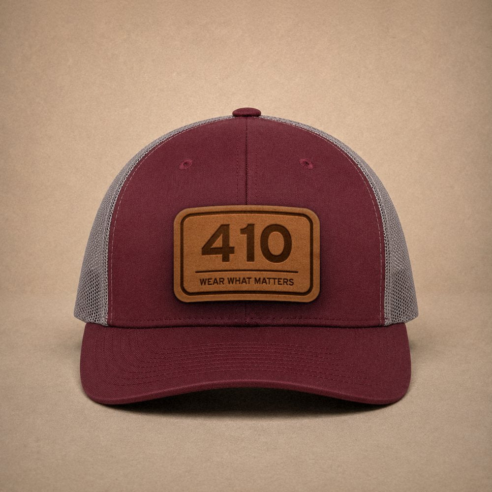 Maroon Baltimore hats — Baltimore 410 Leather Patch Trucker Hat