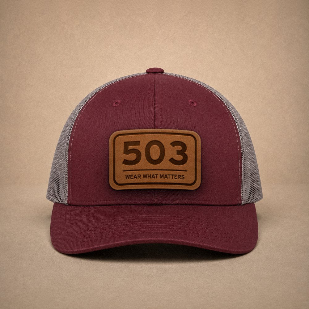 Maroon Portland hats — Portland 503 Leather Patch Trucker Hat
