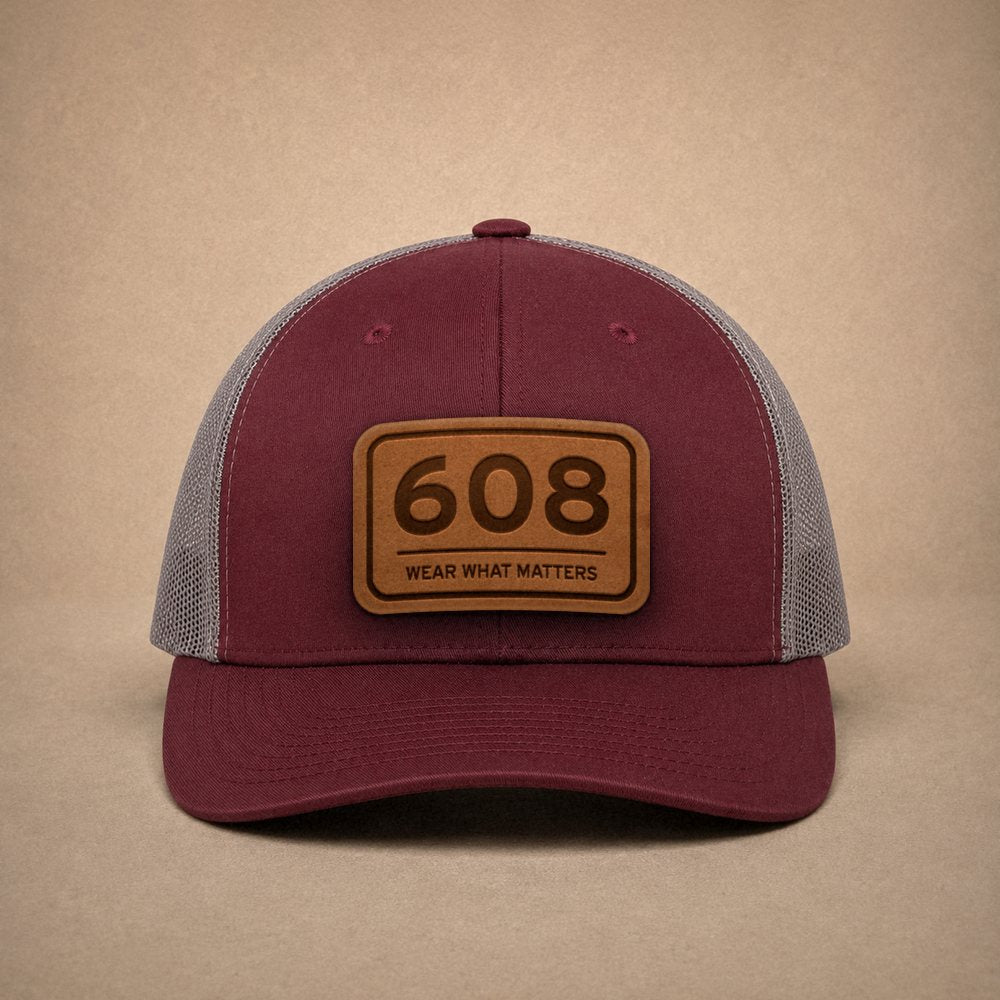 Maroon Madison hats — Madison 608 Leather Patch Trucker Hat