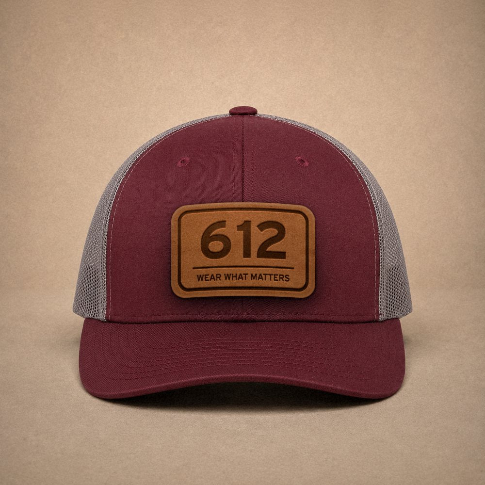 Maroon Minneapolis hats — Minneapolis 612 Leather Patch Trucker Hat