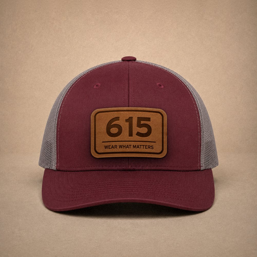 Maroon Nashville hats — Nashville 615 Leather Patch Trucker Hat