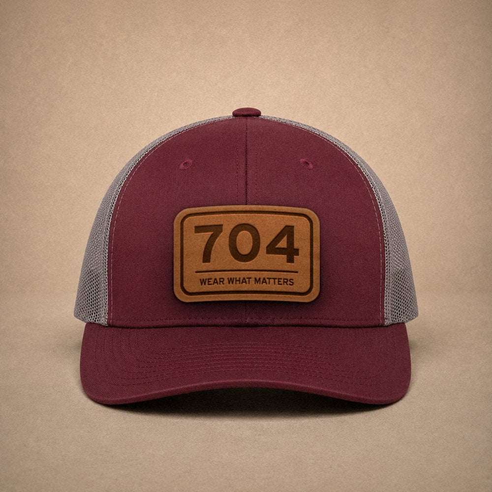 Maroon Charlotte hats — Charlotte 704 Leather Patch Trucker Hat