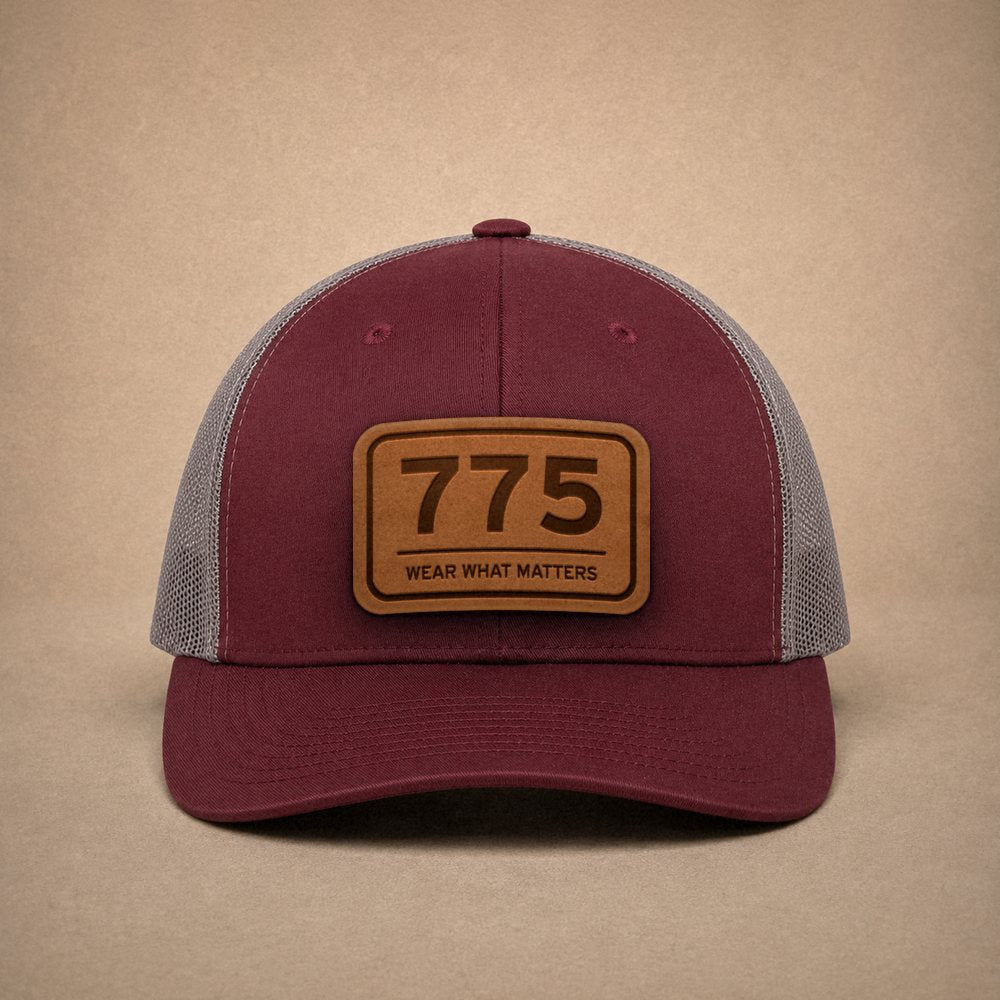 Maroon Reno hats — Reno 775 Leather Patch Trucker Hat
