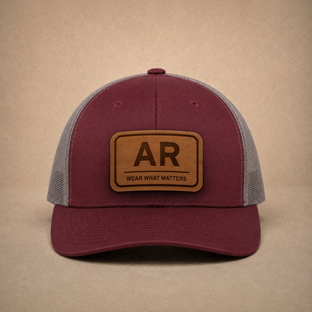 Maroon Arkansas hats — Arkansas AR Leather Patch Trucker Hat