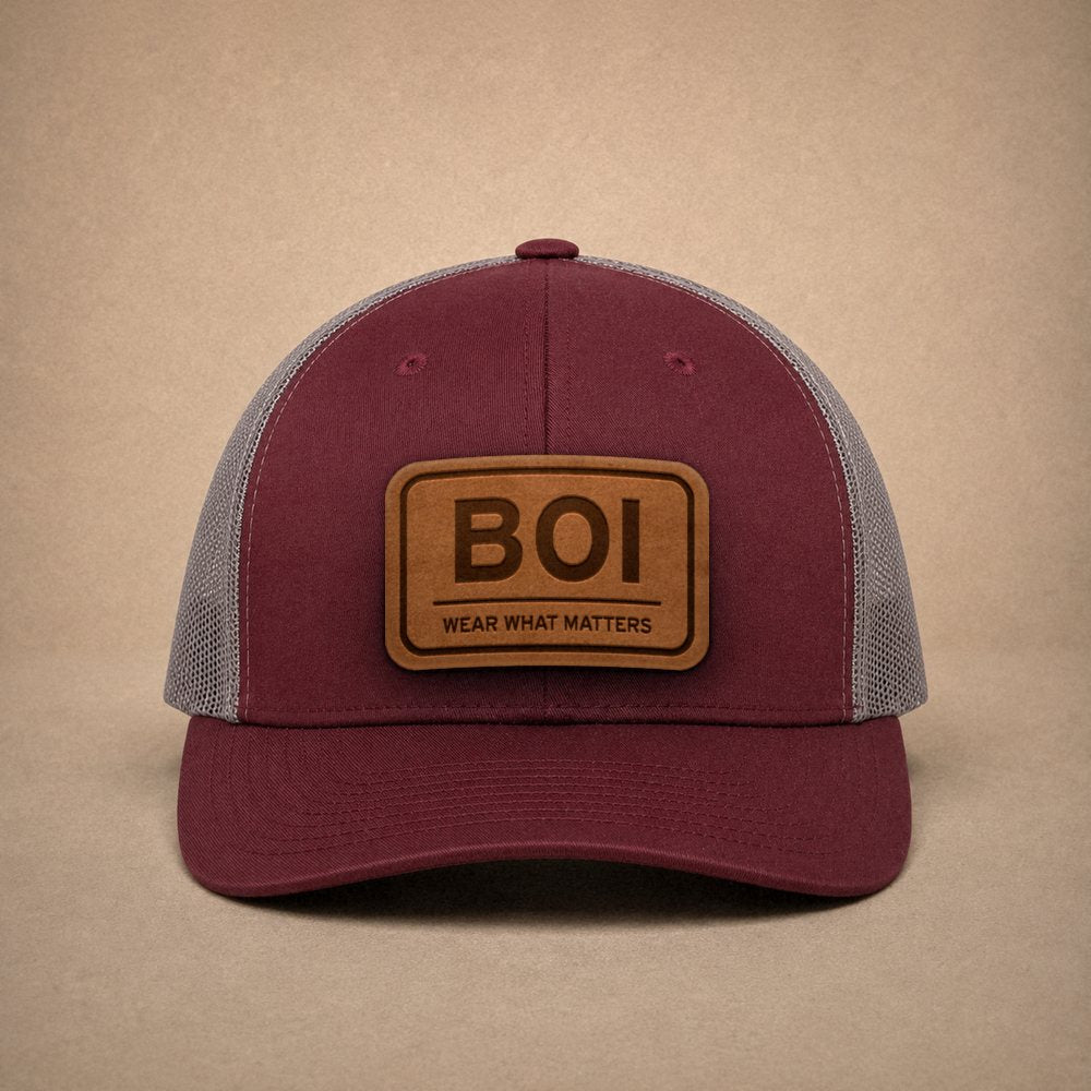 Maroon Boise hats — Boise BOI Leather Patch Trucker Hat