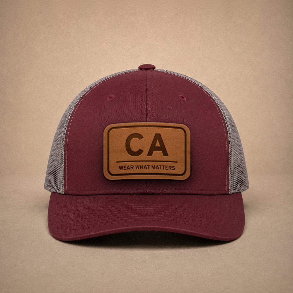 Maroon California hats — California CA Leather Patch Trucker Hat