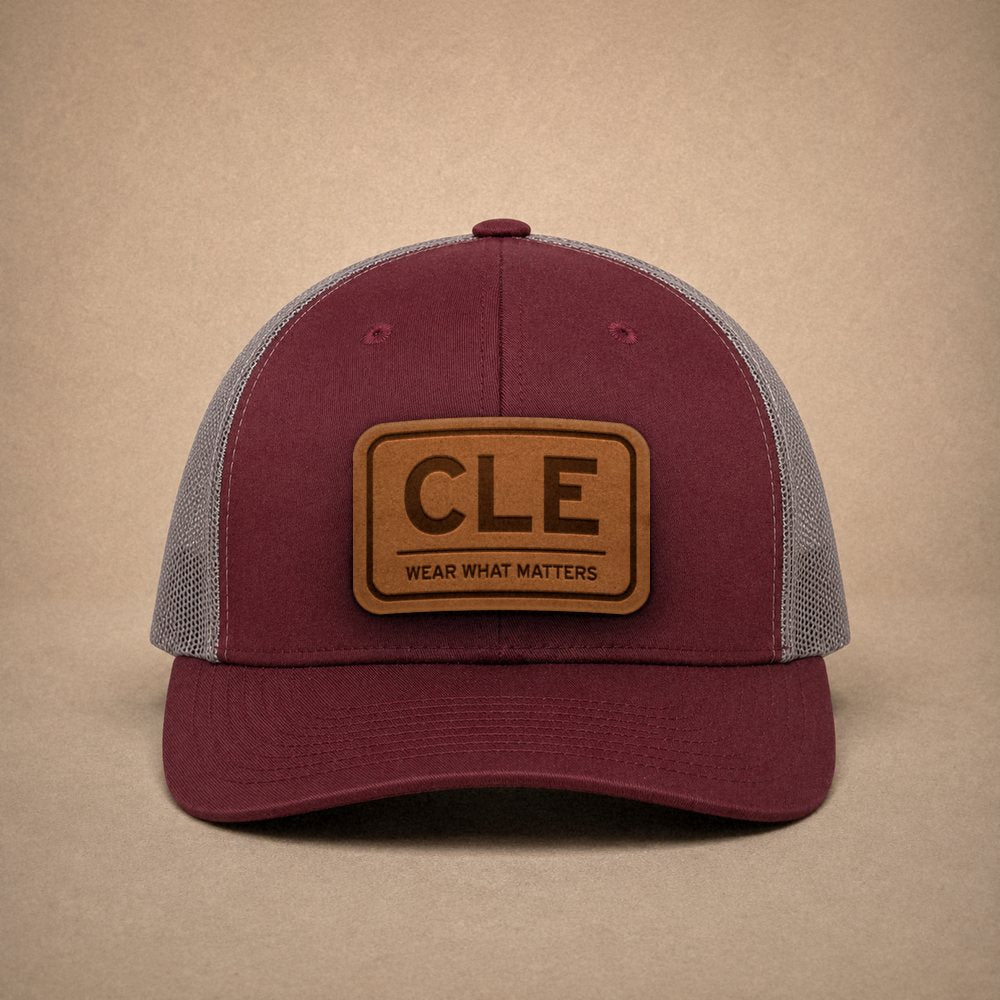 Maroon Cleveland hats — Cleveland CLE Leather Patch Trucker Hat