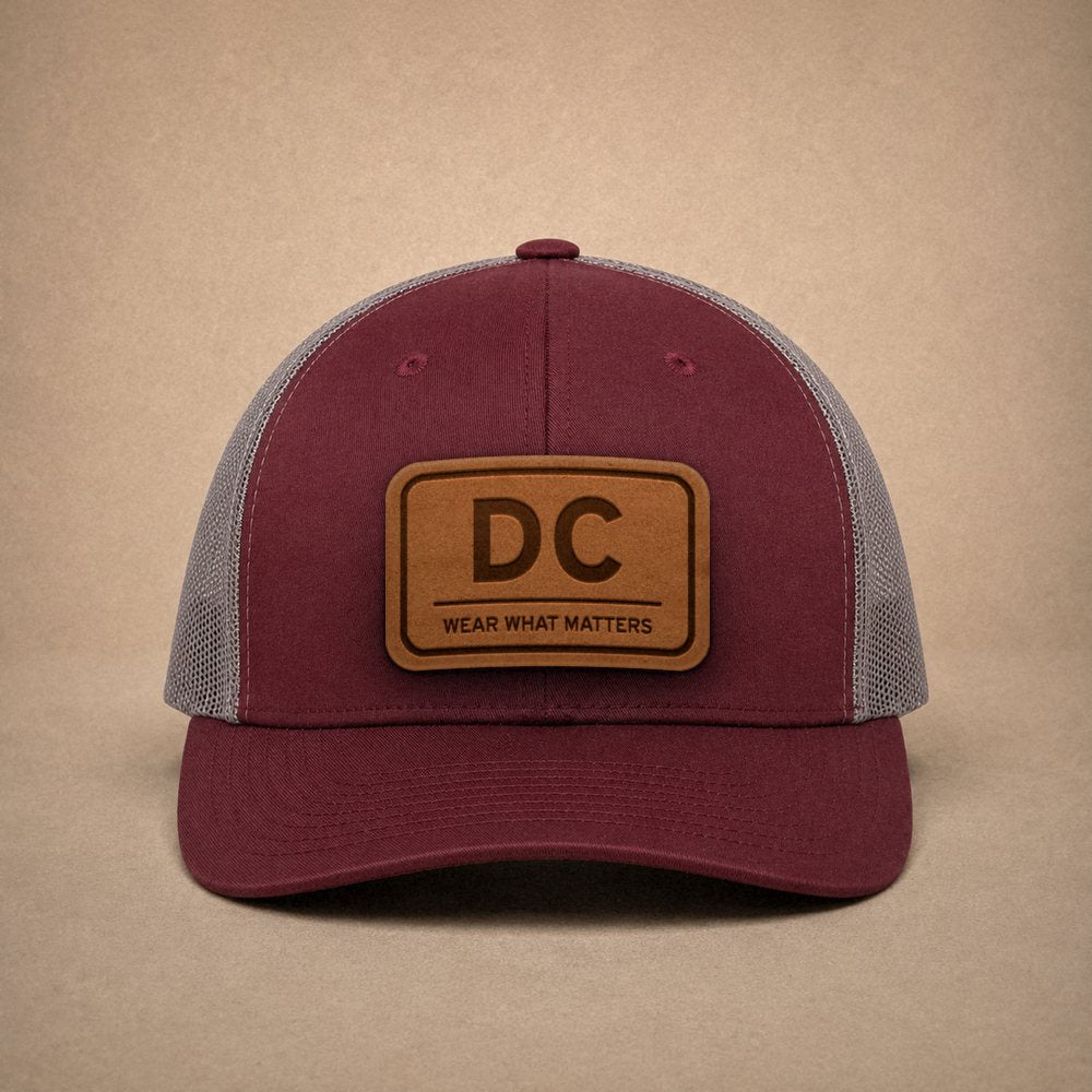 Maroon Washington DC hats — Washington DC Leather Patch Trucker Hat