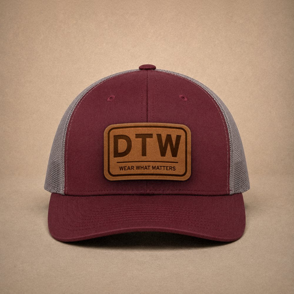 Maroon Detroit hats — Detroit DTW Leather Patch Trucker Hat