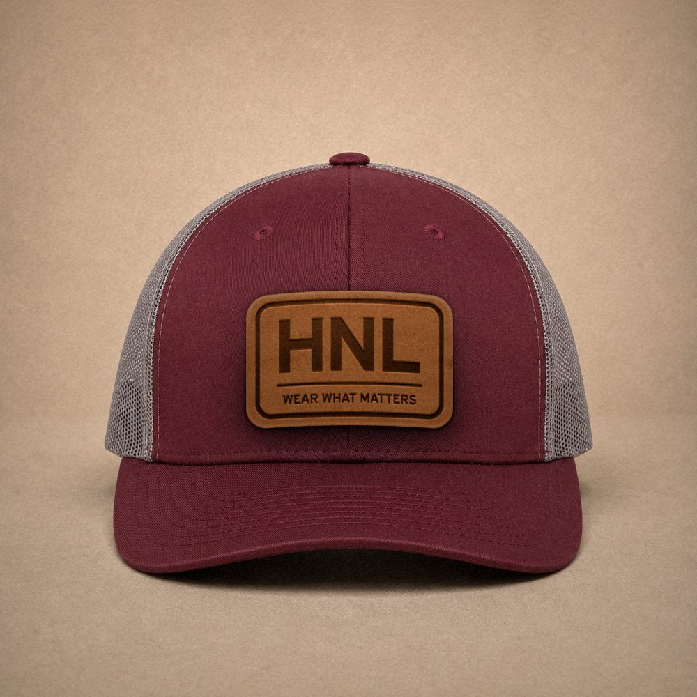 Maroon Honolulu hats — Honolulu HNL Leather Patch Trucker Hat