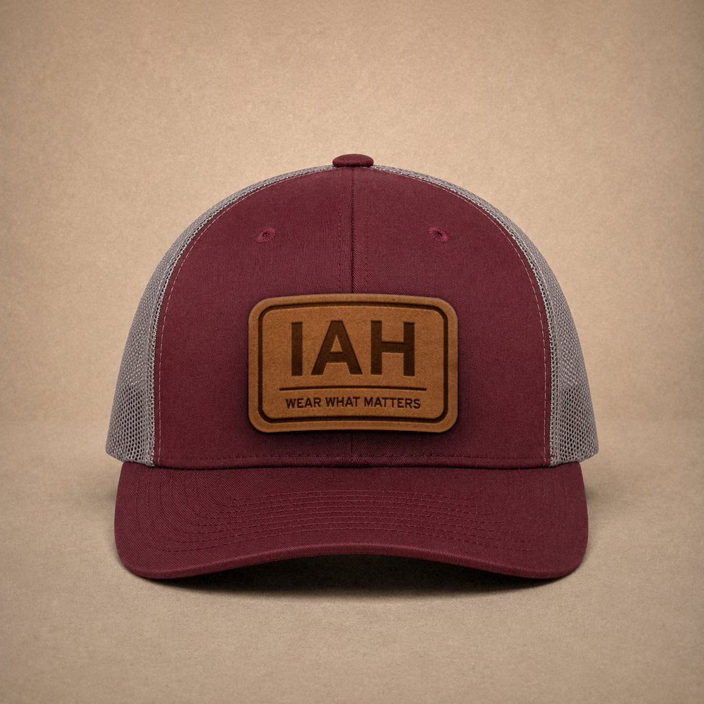 Maroon Houston hats — Houston IAH Leather Patch Trucker Hat