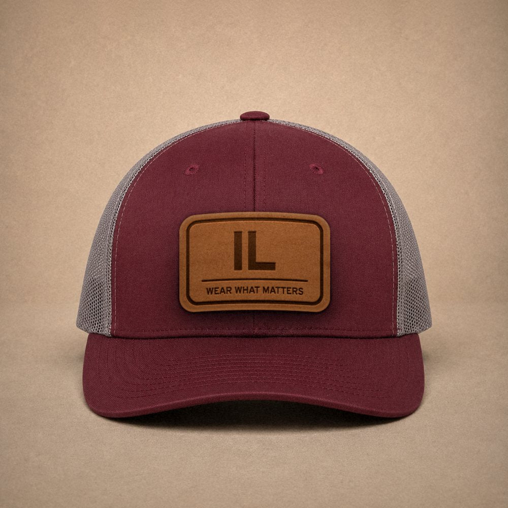Maroon Illinois hats — Illinois IL Leather Patch Trucker Hat