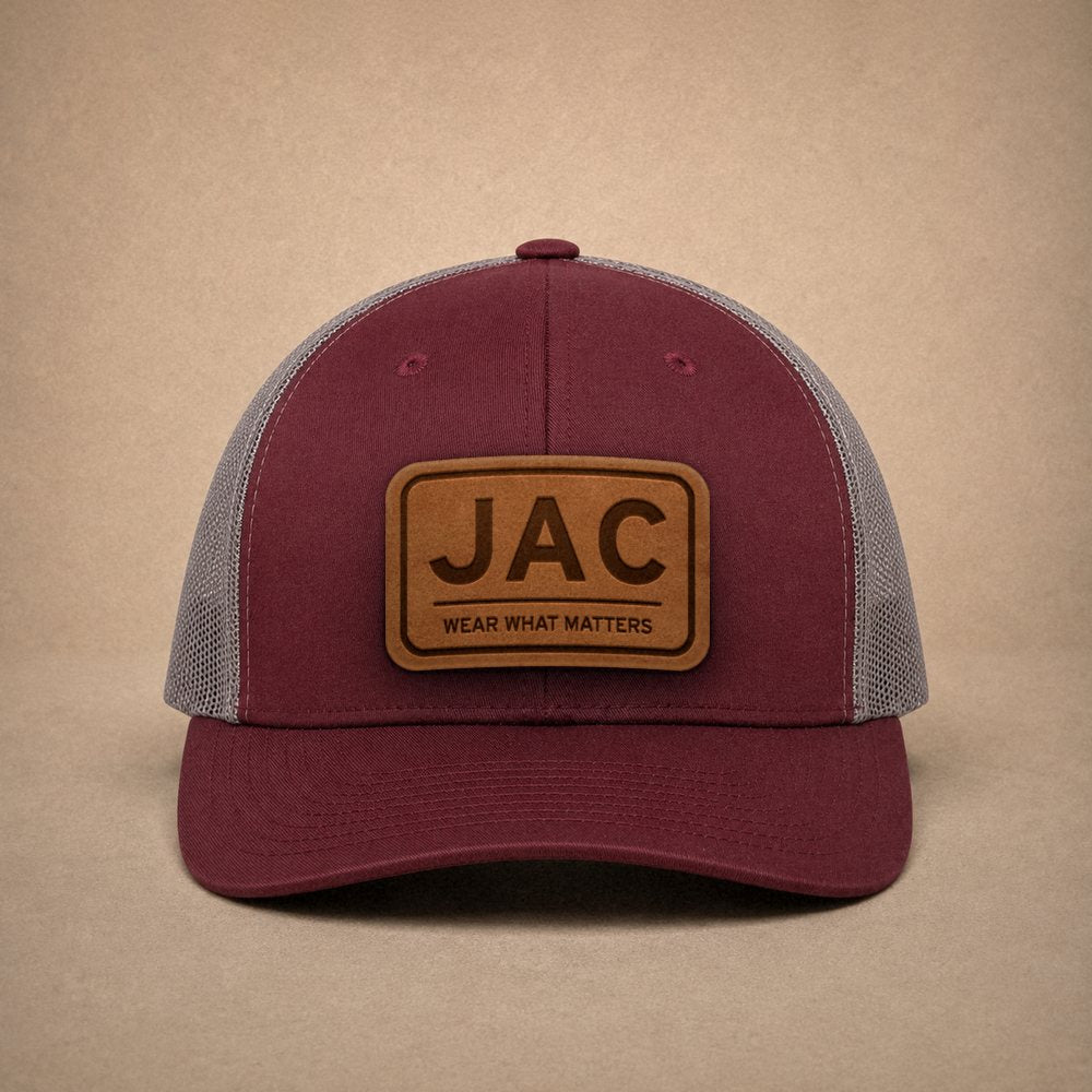 Maroon Jackson Hole hats — Jackson Hole JAC Leather Patch Trucker Hat