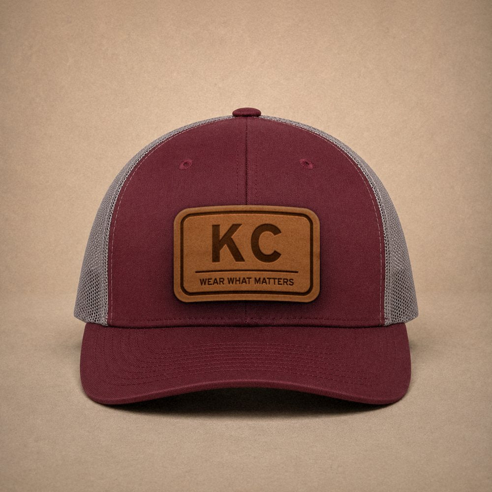 Maroon Kansas City hats — Kansas City KC Leather Patch Trucker Hat