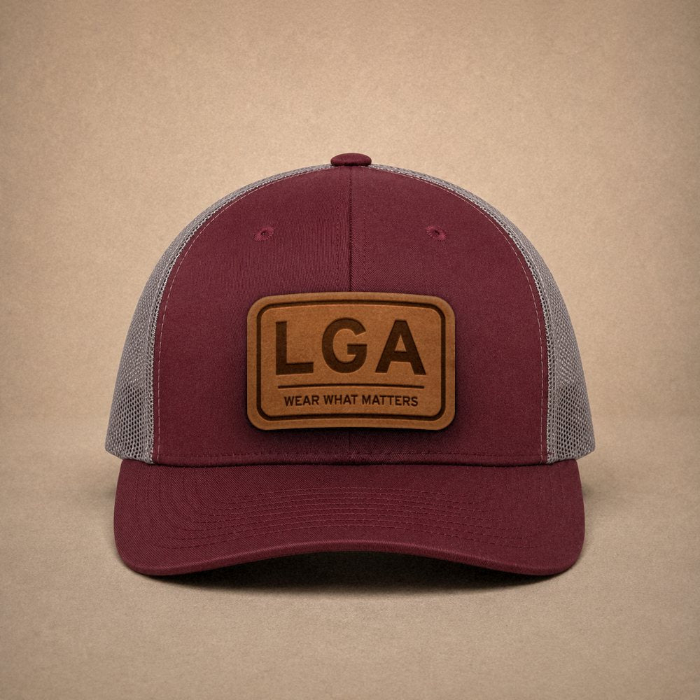 Maroon New York City hats — New York City LGA Leather Patch Trucker Hat