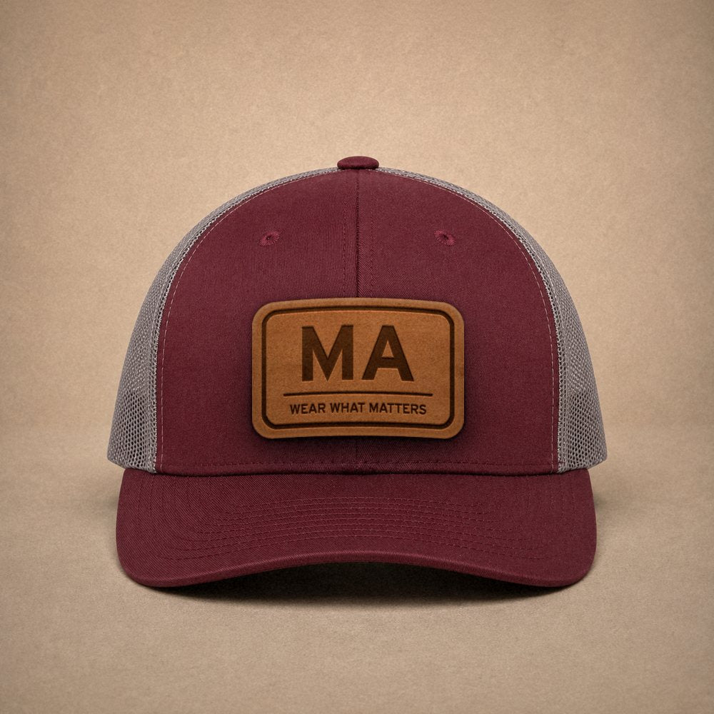 Maroon Massachusetts hats — Massachusetts MA Leather Patch Trucker Hat