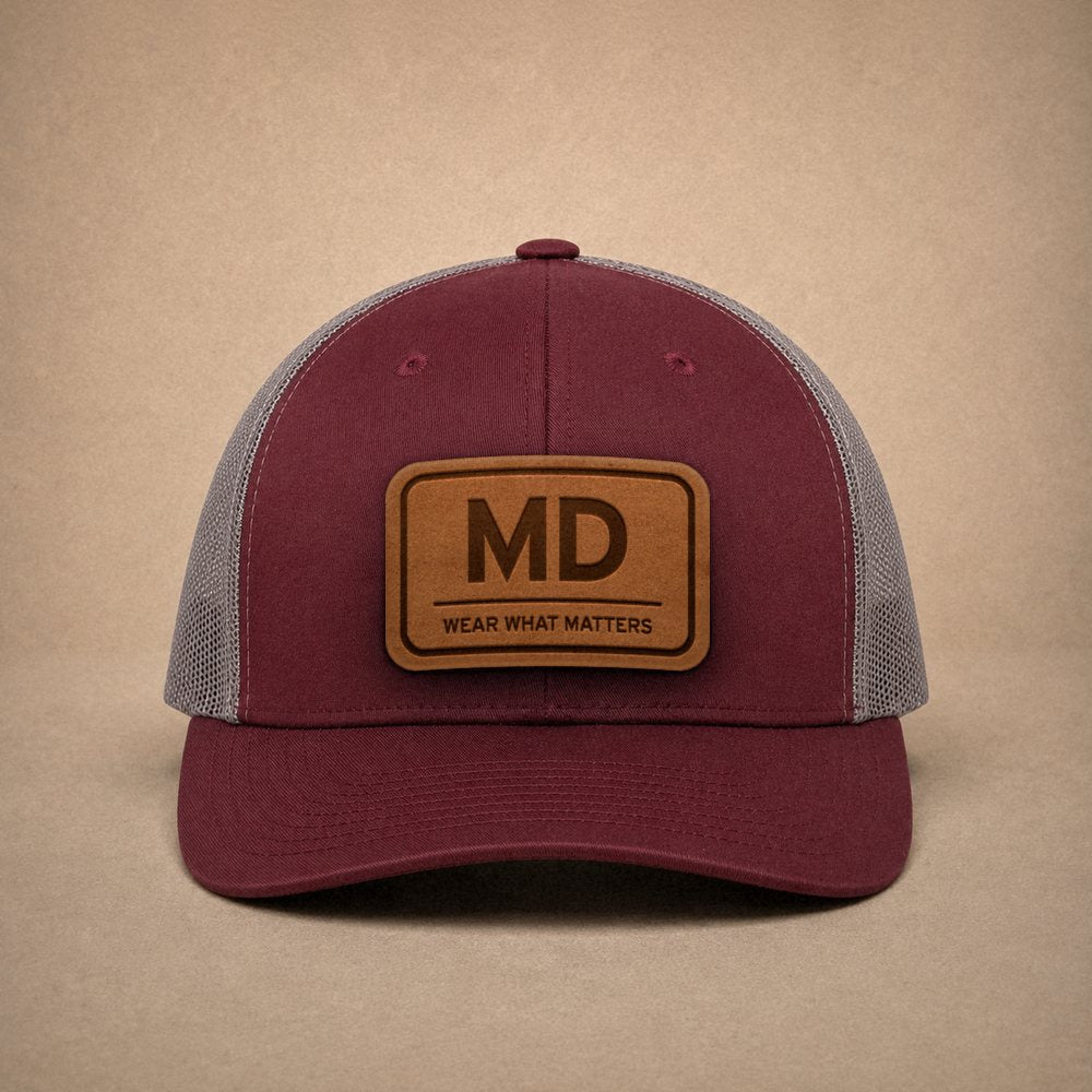 Maroon Maryland hats — Maryland MD Leather Patch Trucker Hat