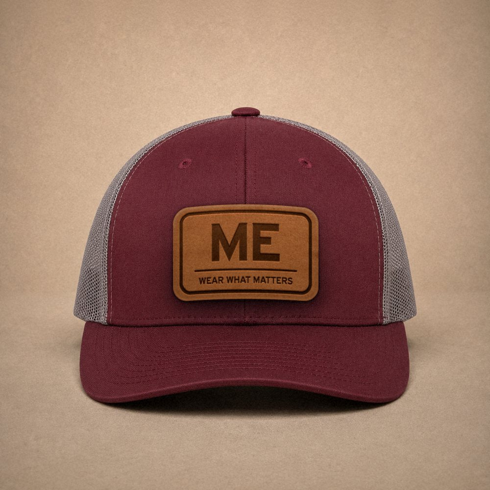 Maroon Maine hats — Maine ME Leather Patch Trucker Hat