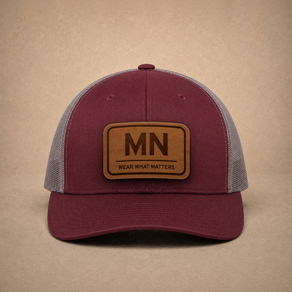 Maroon Minnesota hats — Minnesota MN Leather Patch Trucker Hat