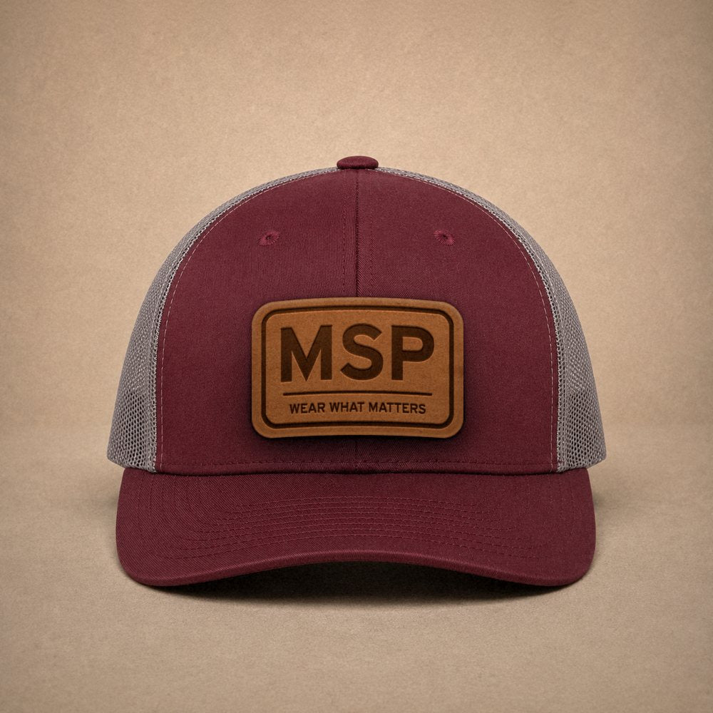 Maroon Minneapolis hats — Minneapolis MSP Leather Patch Trucker Hat