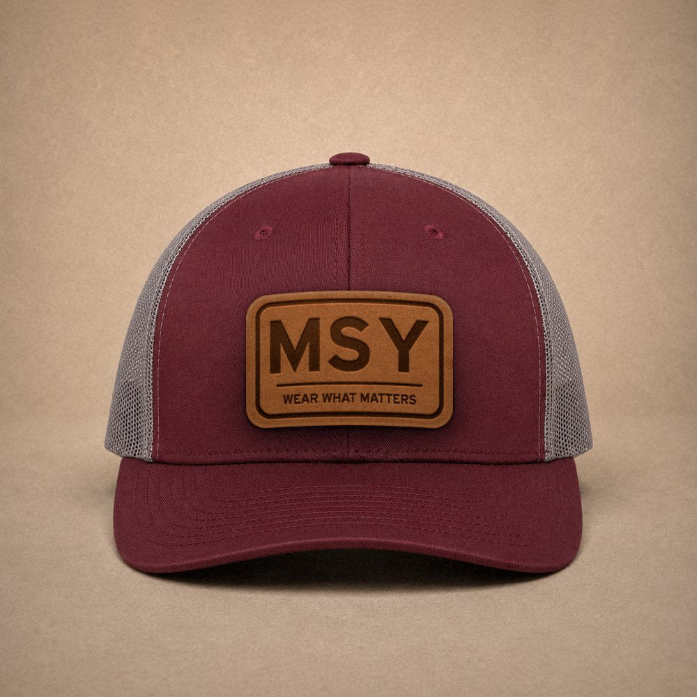 Maroon New Orleans hats — New Orleans MSY Leather Patch Trucker Hat