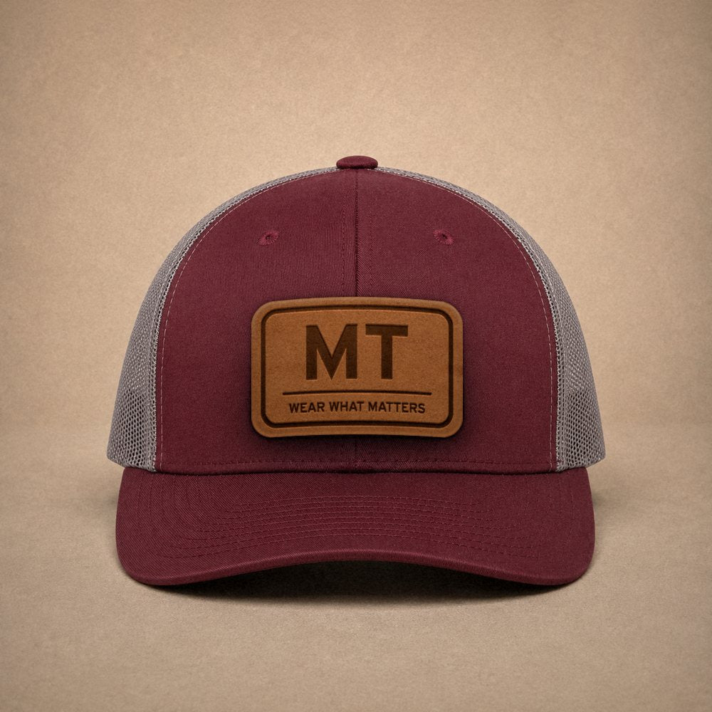 Maroon Montana hats — Montana MT Leather Patch Trucker Hat