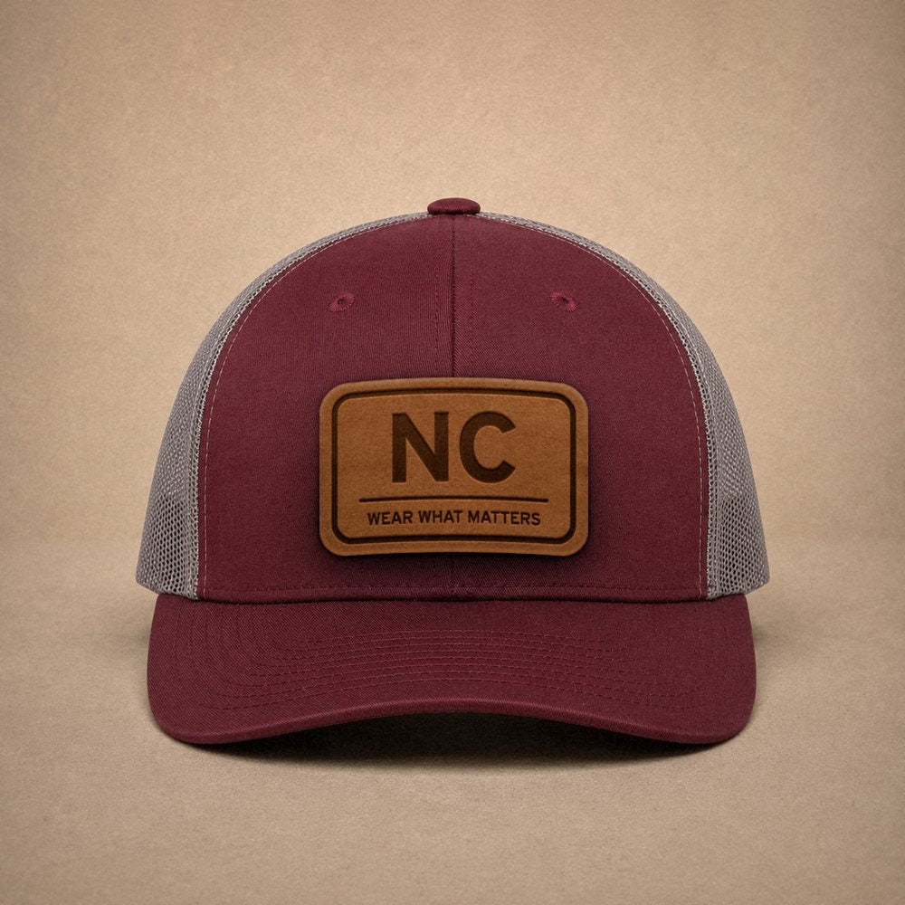 Maroon North Carolina hats — North Carolina NC Leather Patch Trucker Hat