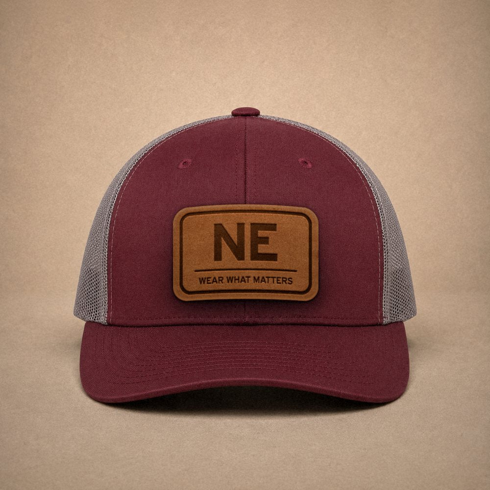 Maroon Nebraska hats — Nebraska NE Leather Patch Trucker Hat