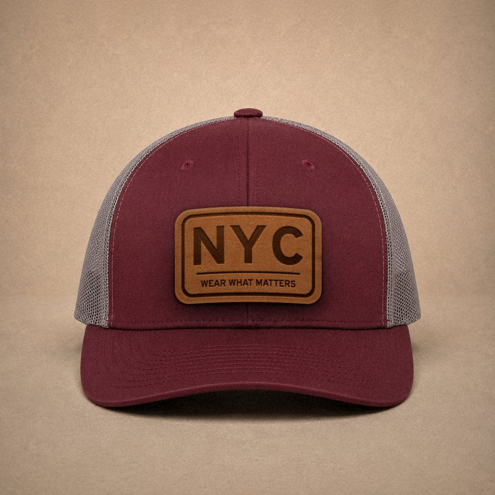 Maroon New York City hats — New York City NYC Leather Patch Trucker Hat
