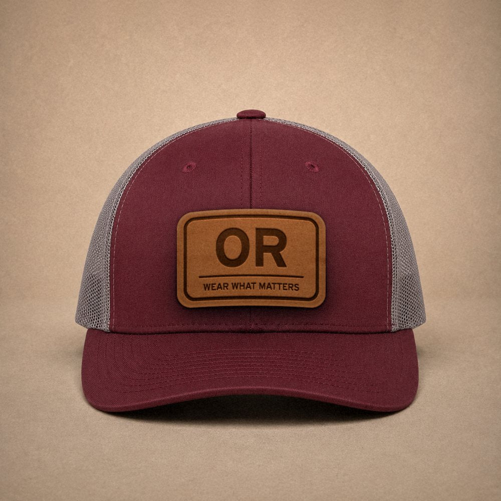 Maroon Oregon hats — Oregon OR Leather Patch Trucker Hat