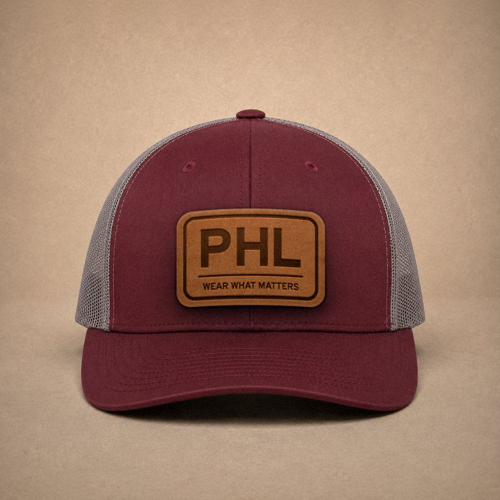 Maroon Philadelphia hats — Philadelphia PHL Leather Patch Trucker Hat