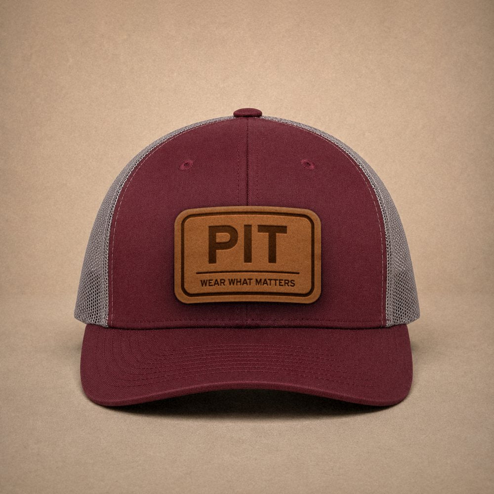Maroon Pittsburgh hats — Pittsburgh PIT Leather Patch Trucker Hat