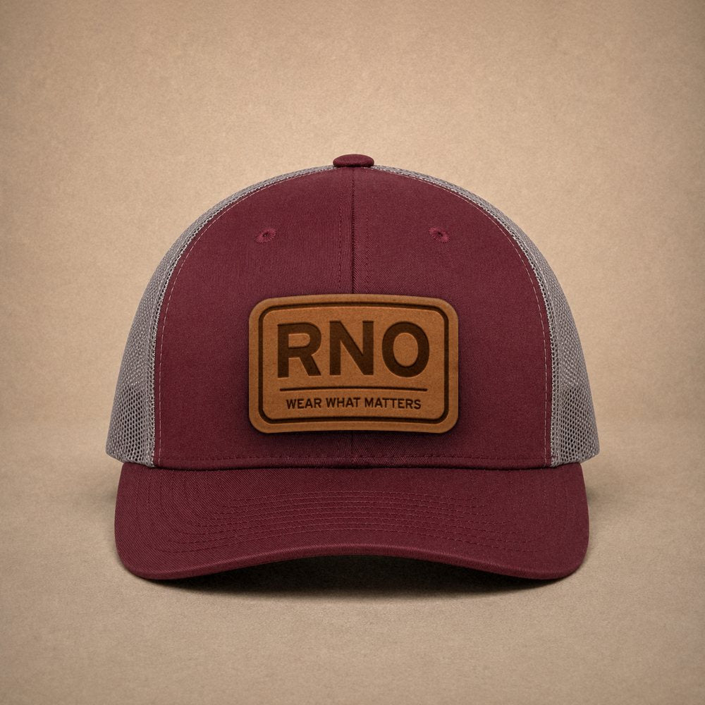 Maroon Reno hats — Reno RNO Leather Patch Trucker Hat