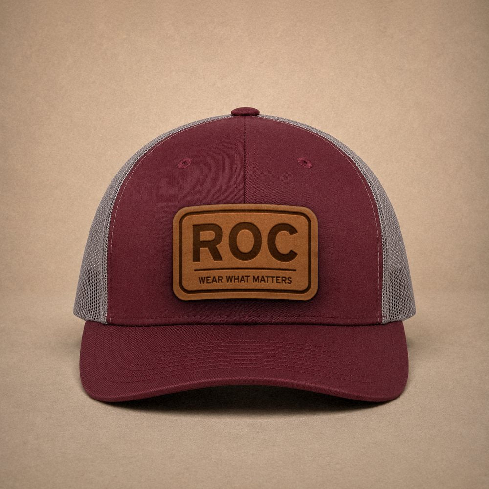Maroon Rochester hats — Rochester ROC Leather Patch Trucker Hat