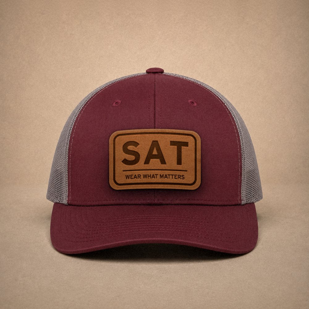 Maroon San Antonio hats — San Antonio SAT Leather Patch Trucker Hat